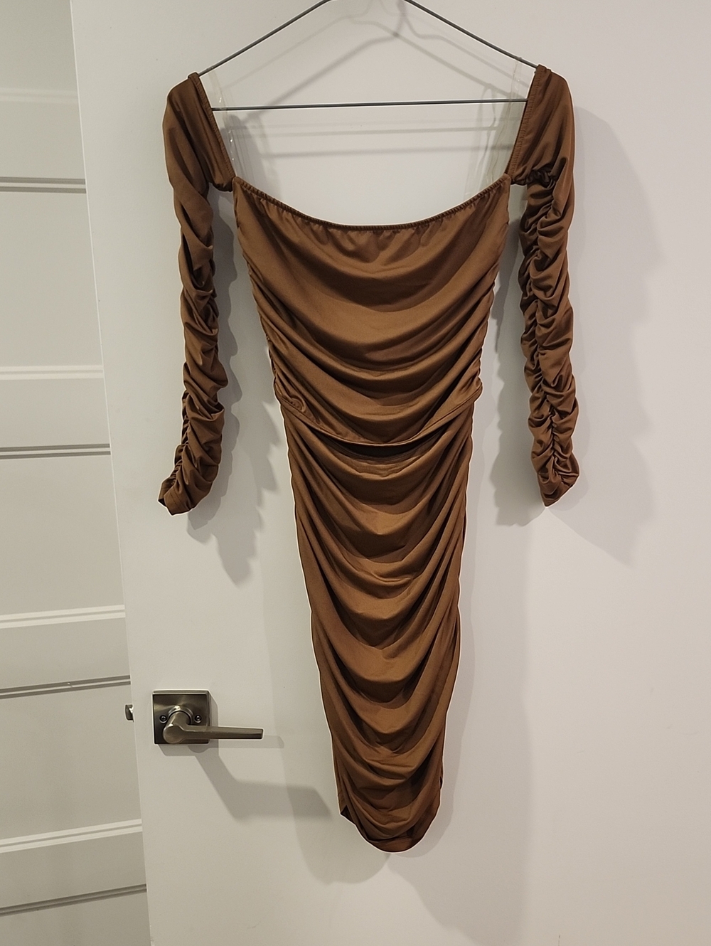 P2P 13" Stretchy SHEIN Caramel Brown Ruched Off-Shoulder Long Sleeve Dress